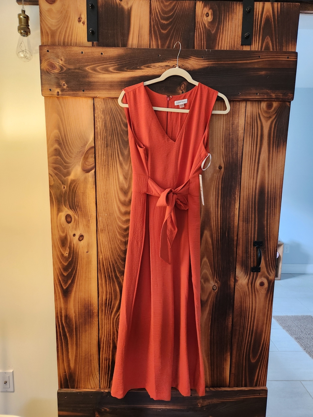 Calvin Klein Coral-Orange V-Neck Tie-Waist Jumpsuit